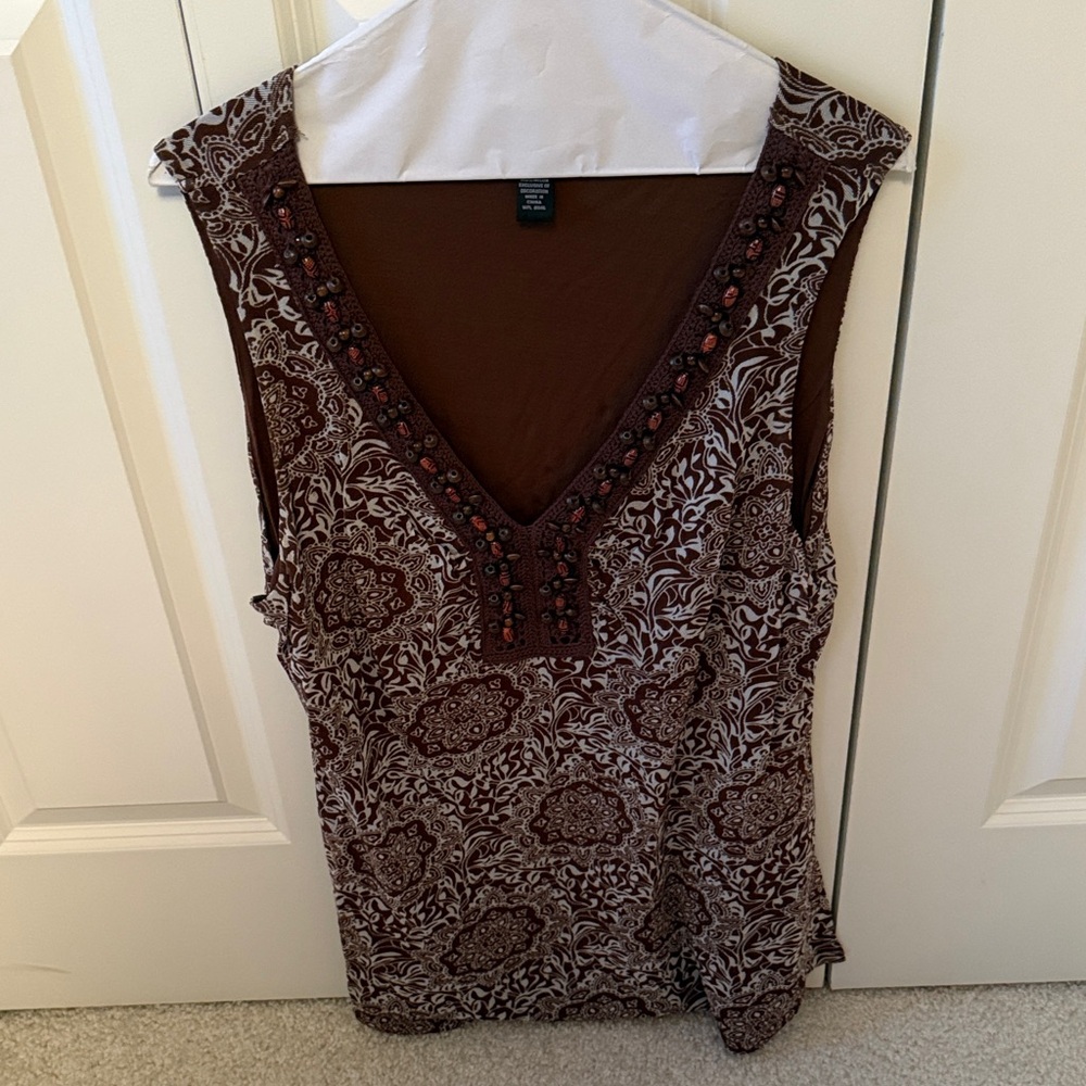 INC International Concepts Brown and White Patterned Sleeveless Blouse